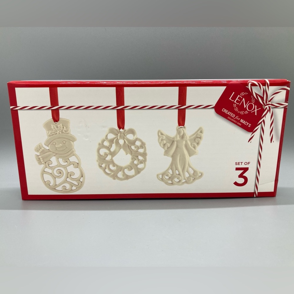 NIB Lenox Christmas Ornament Set of Three Snowman, Wreath, Angel
